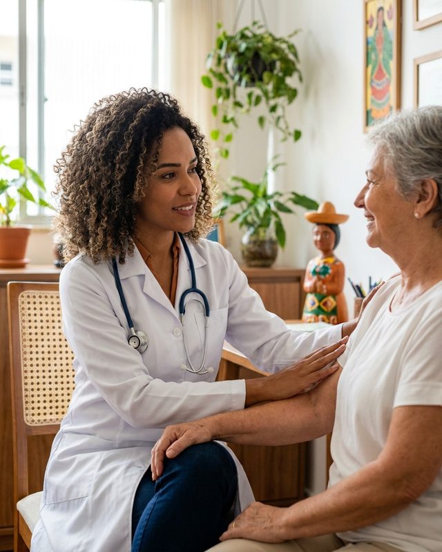 Médica atendendo paciente no consultório