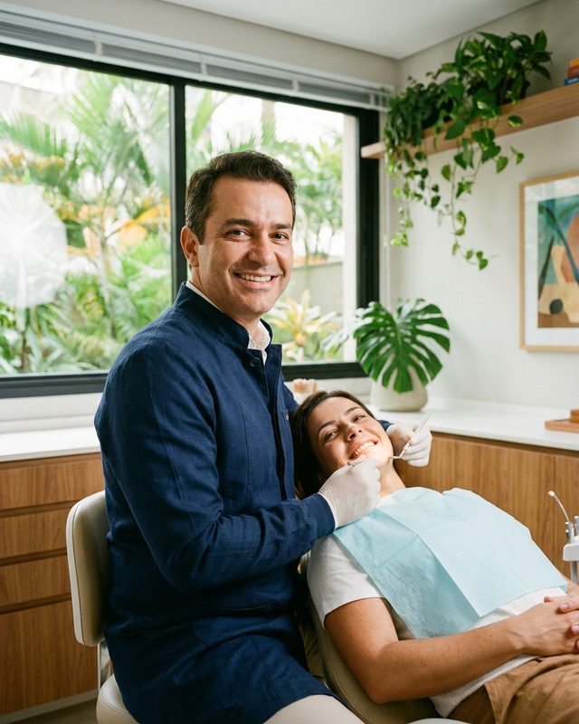 Dentista em atendimento no consultório